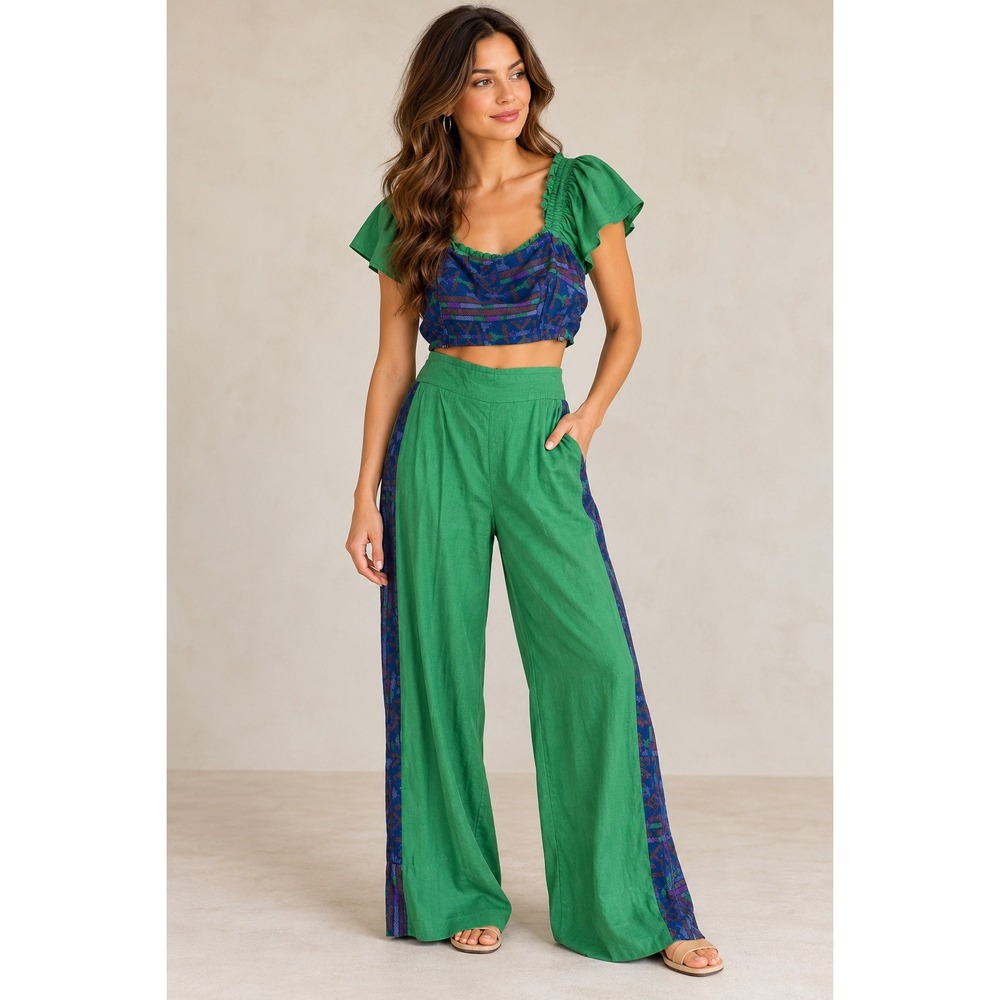 Rachel Zoe Green Linen Blend Printed Side Stripe Two Piece Set Size Small
